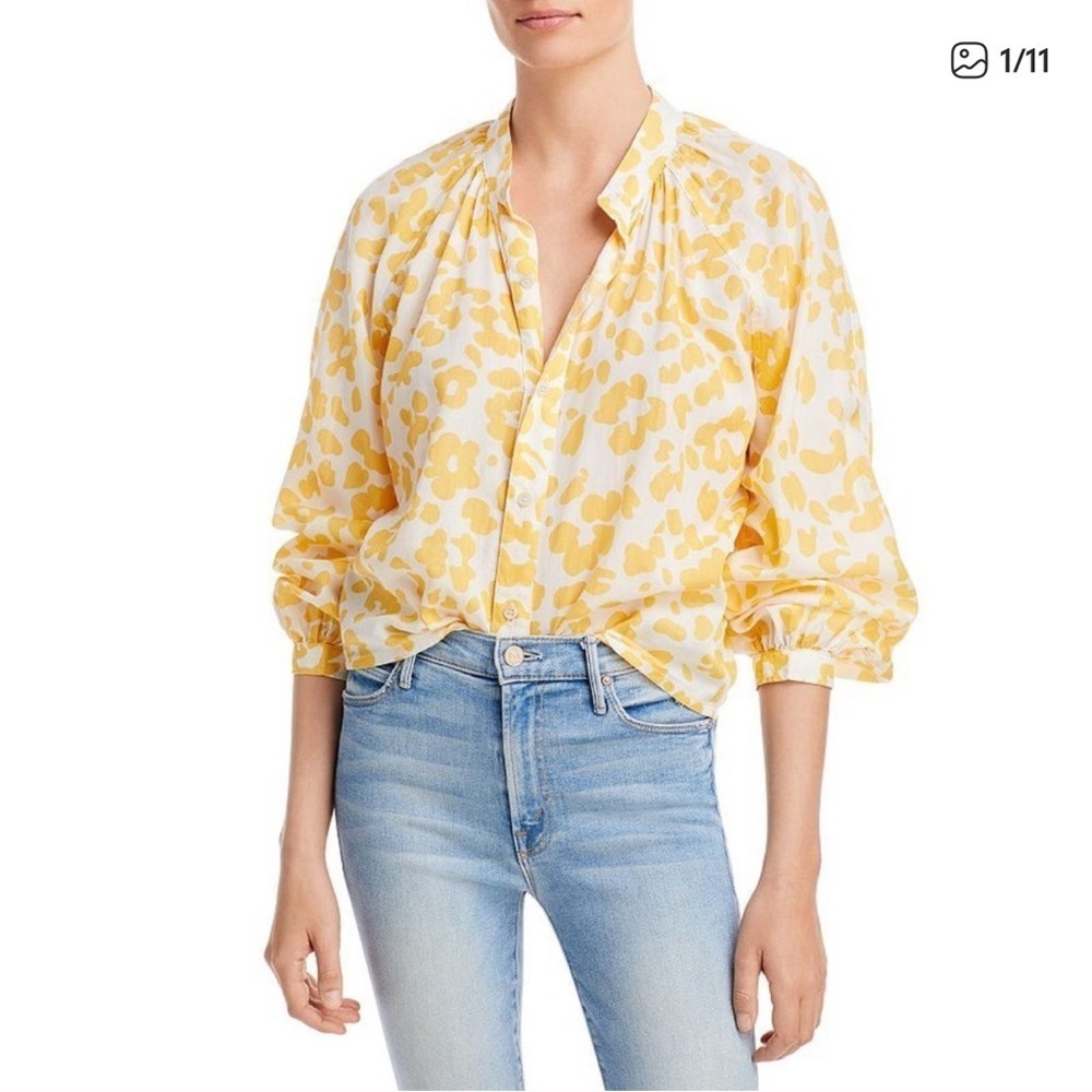 MOTHER THE SUNBURST COTTON LEOPARD FLORAL PRINT TOP. MADE IN USA. SZ S yellow